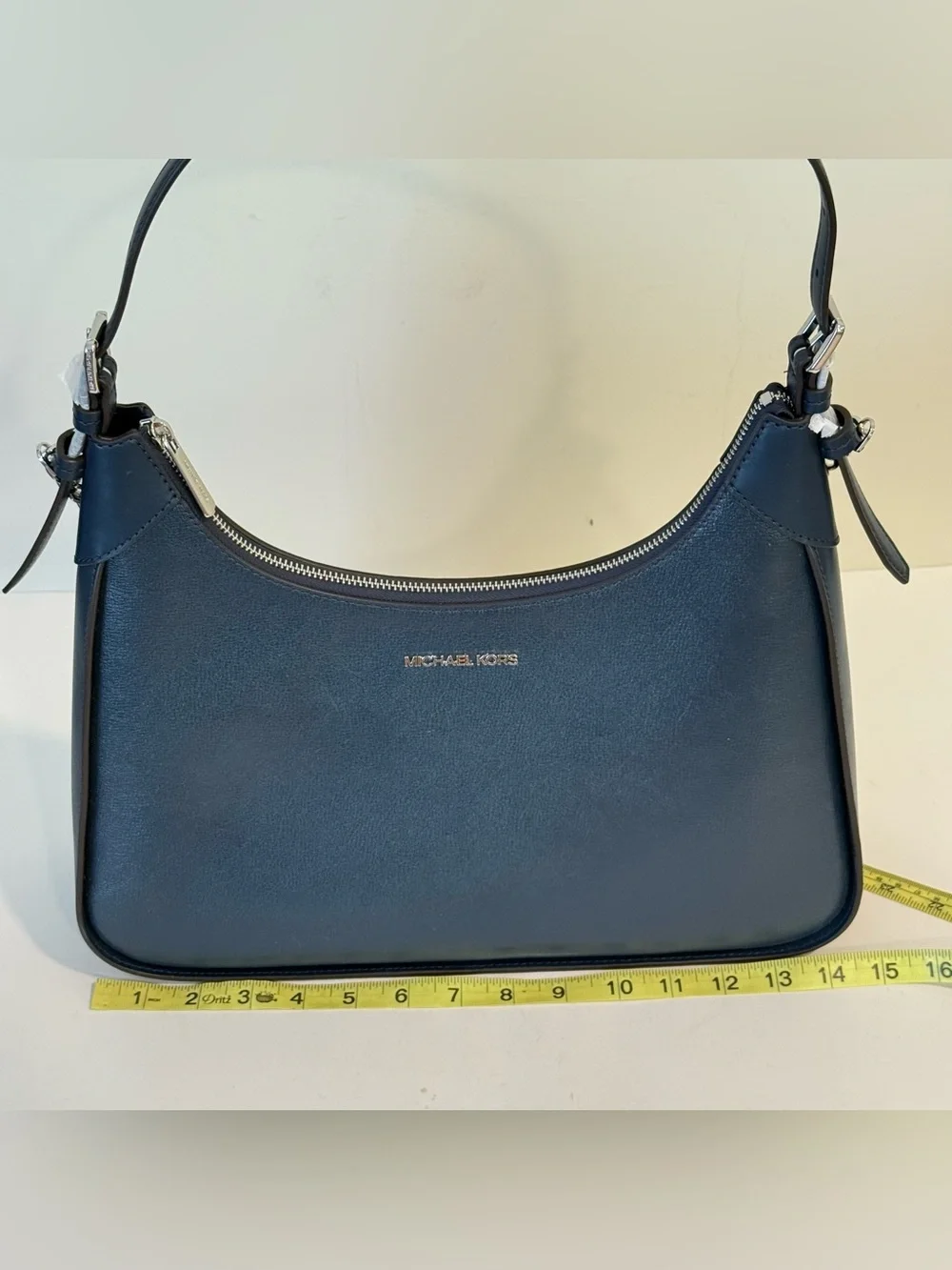 Michael Kors Wilma Navy Blue Leather Purse Silver Tone Chain Shoulder Bag